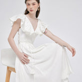 Ruffled sleeve organza midi dress with scalloped hem and gathered waist for romantic elegance